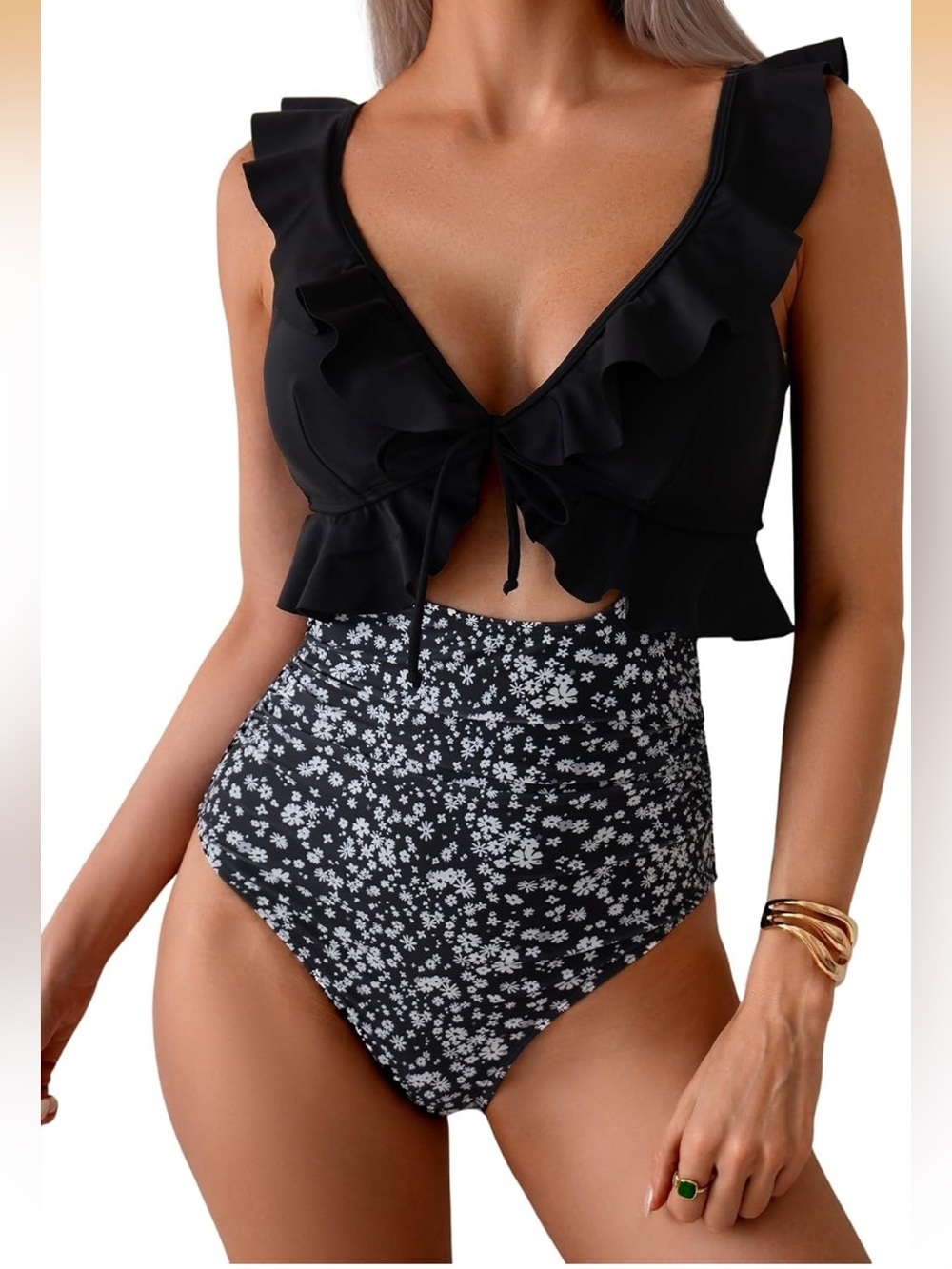 One Piece Swimsuit Tummy Control Ruffle V Neck Ruched Slimming Cutout 1937/bb7-1
